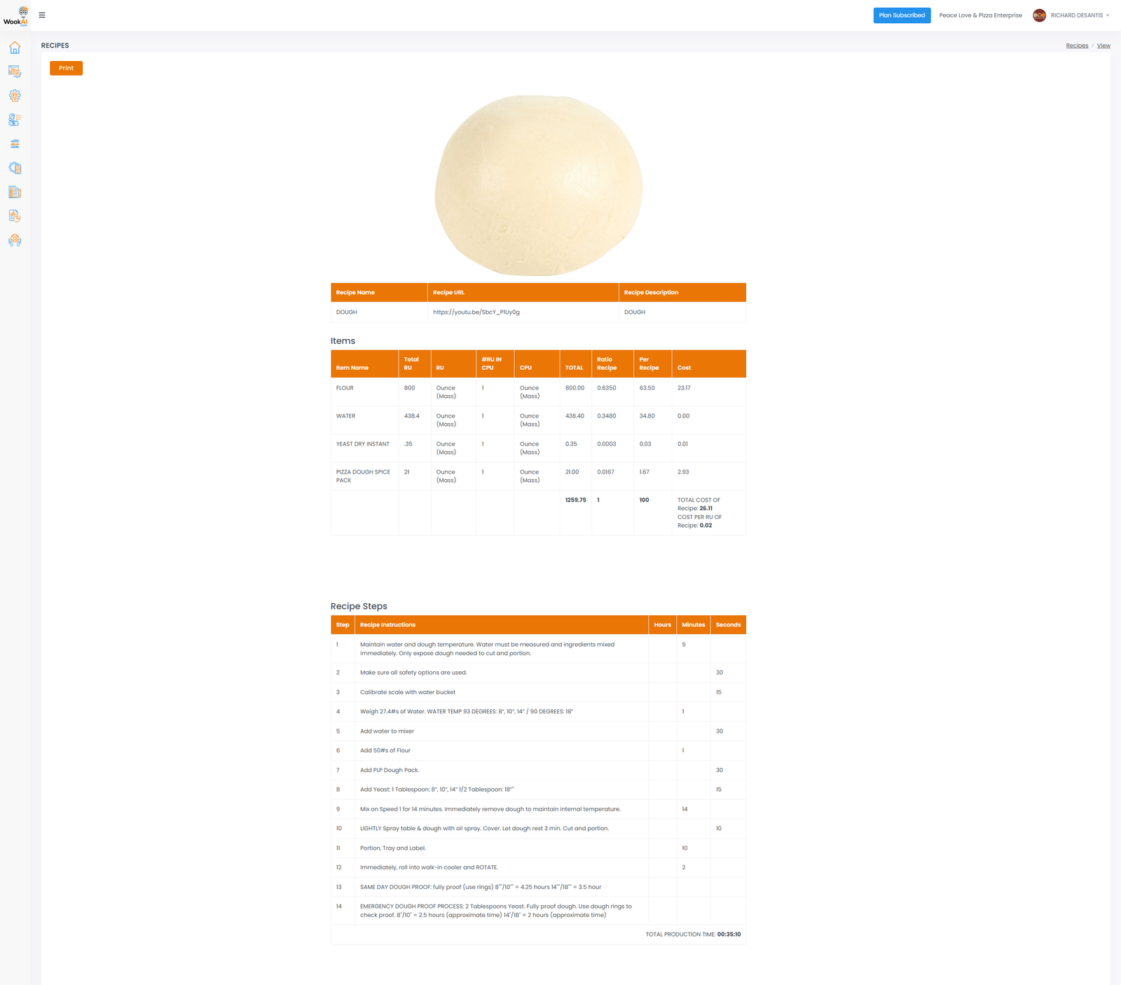 WookAI RecipeGenie screen with ingredient ratios, batch weight, and live recipe costing